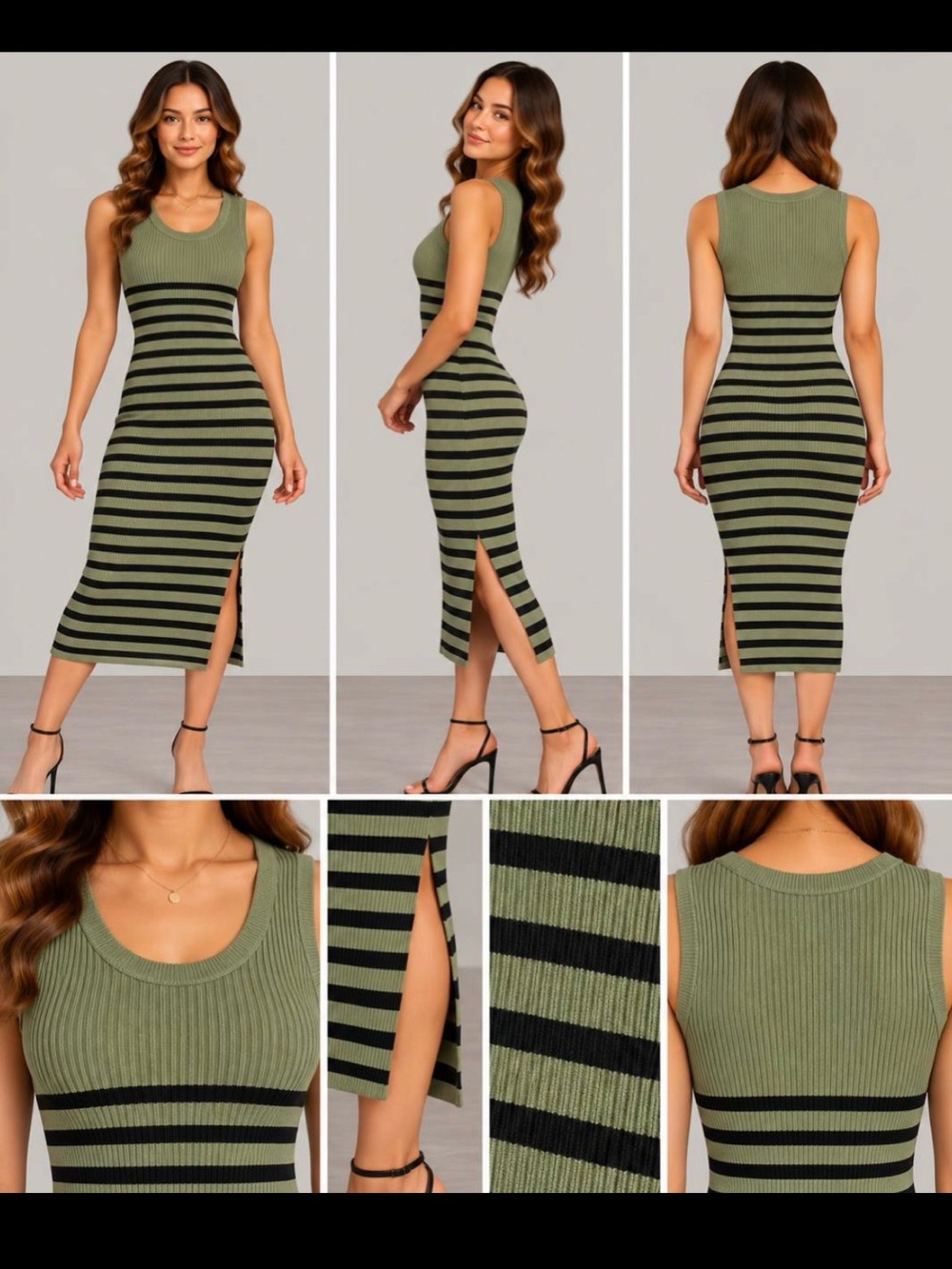 Sleeveless Olive & Black Striped Ribbed Midi Dress size M woman